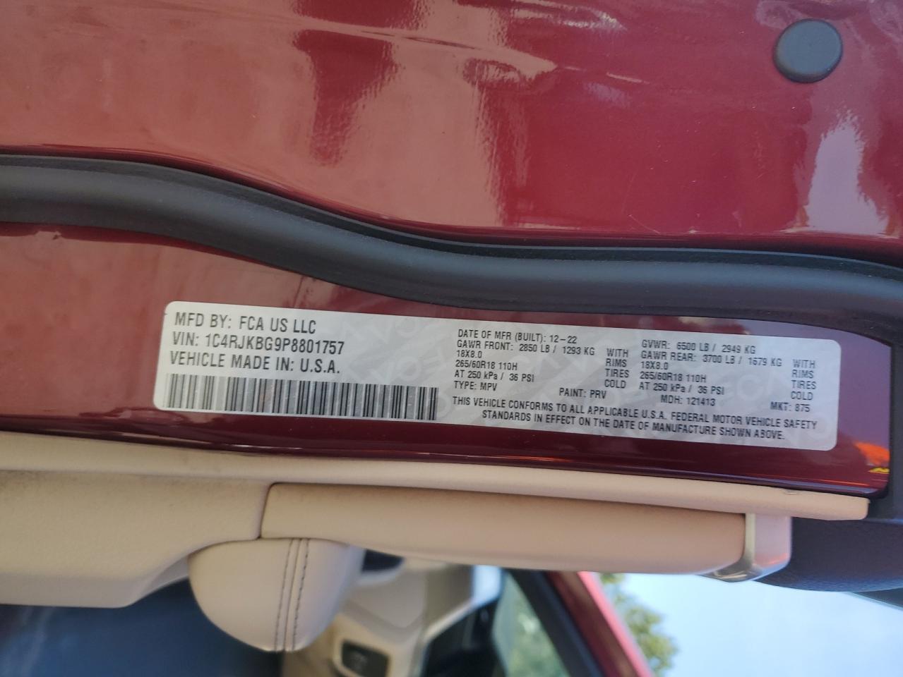 2023 JEEP GRAND CHEROKEE L LIMITED VIN:1C4RJKBG9P8801757