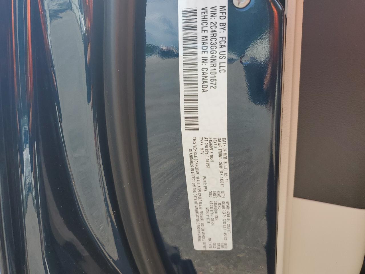 2022 CHRYSLER PACIFICA LIMITED VIN:2C4RC3GG4NR101672