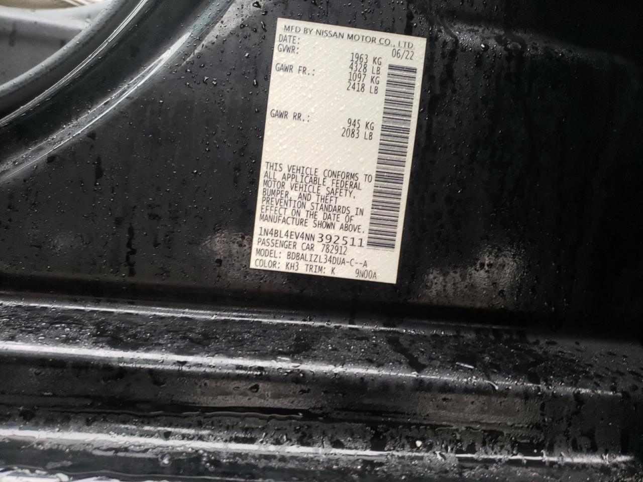 2022 NISSAN ALTIMA SL VIN:1N4BL4EV4NN392511