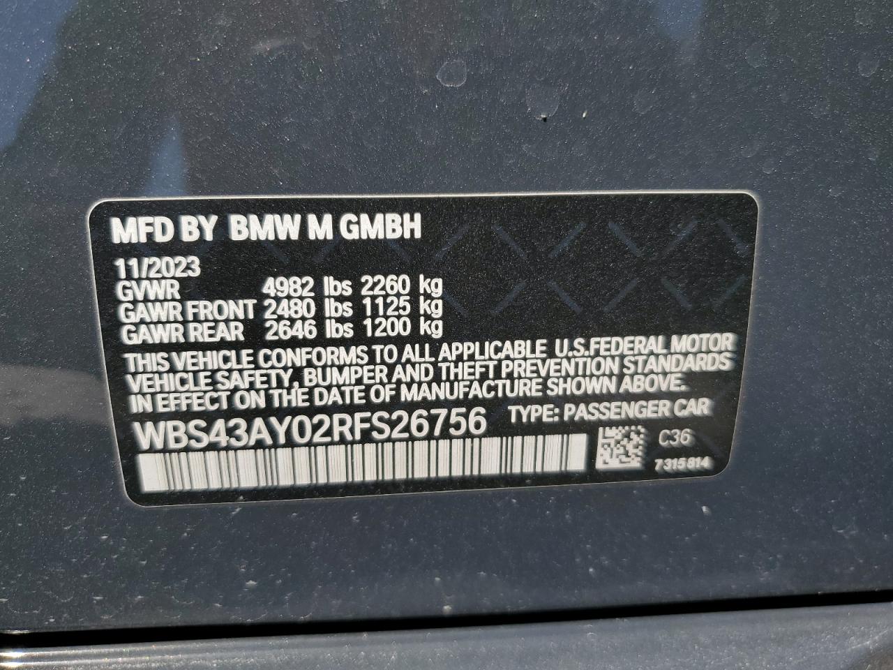 2024 BMW M3 COMPETITION VIN:WBS43AY02RFS26756