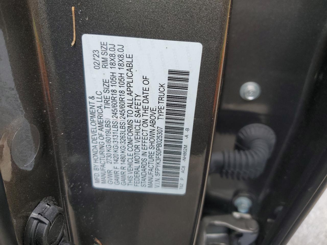 2023 HONDA RIDGELINE RTL VIN:5FPYK3F50PB025307