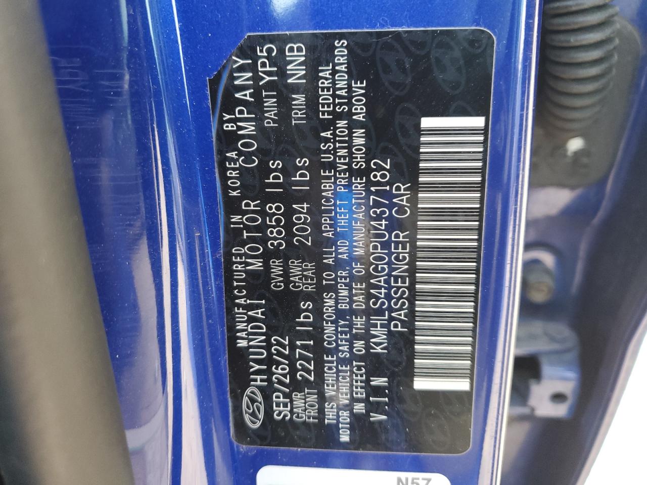 2023 HYUNDAI ELANTRA SEL VIN:KMHLS4AG0PU437182