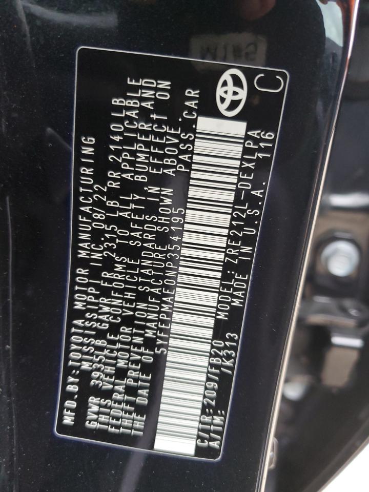 2022 TOYOTA COROLLA LE VIN:5YFEPMAE0NP354195