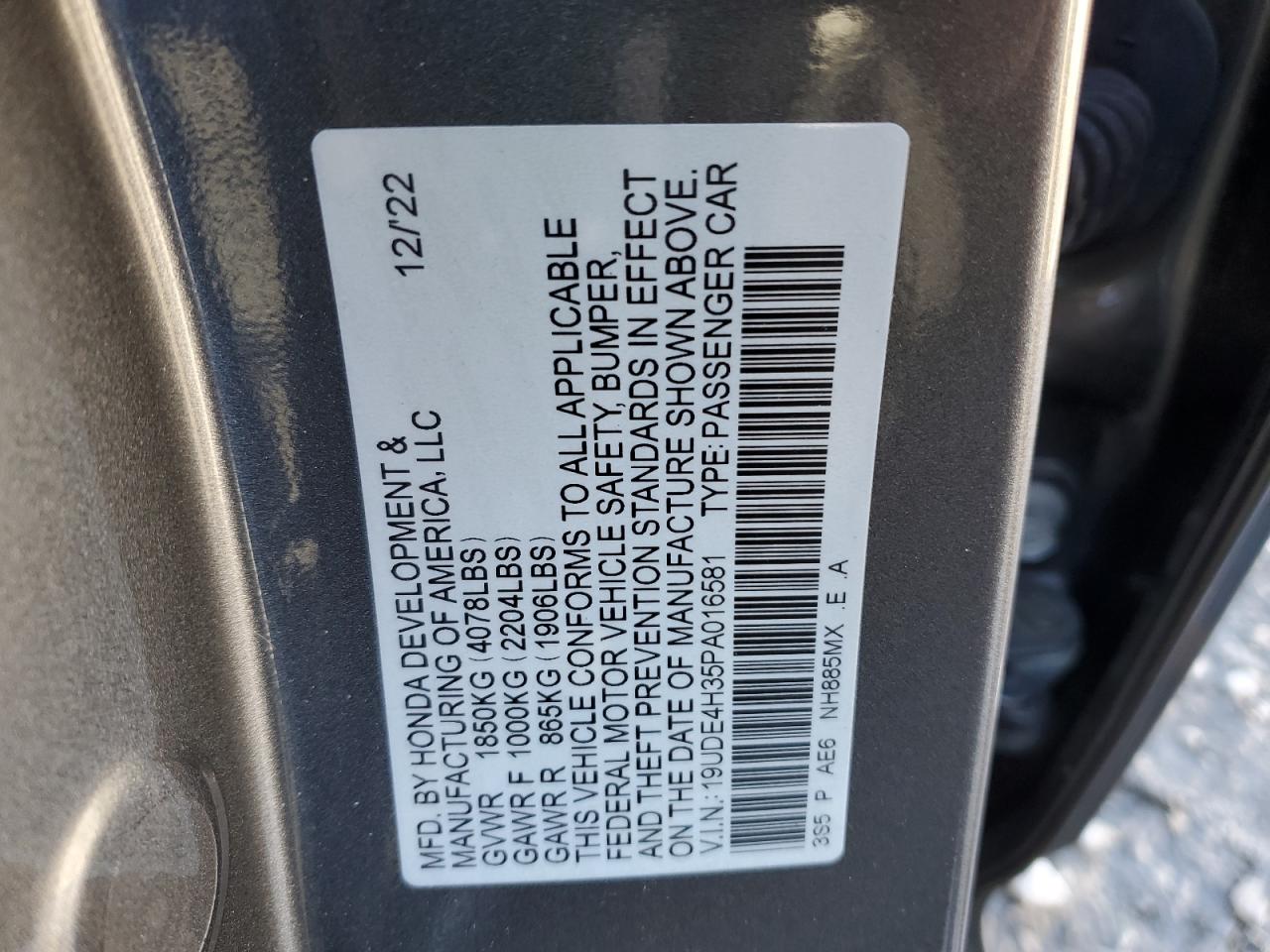 2023 ACURA INTEGRA A-SPEC VIN:19UDE4H35PA016581