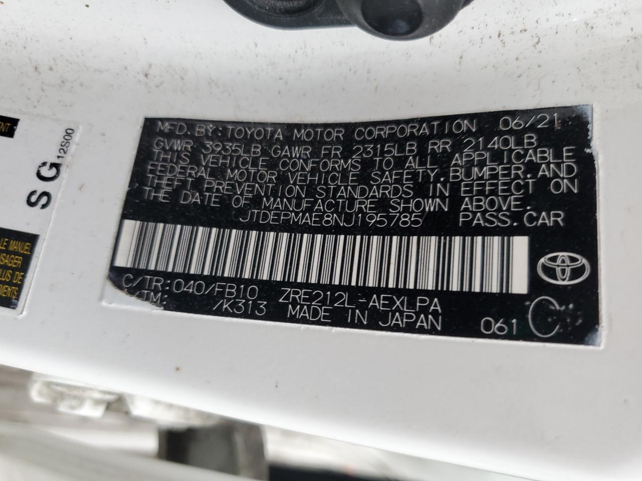 2022 TOYOTA COROLLA LE VIN:JTDEPMAE8NJ195785