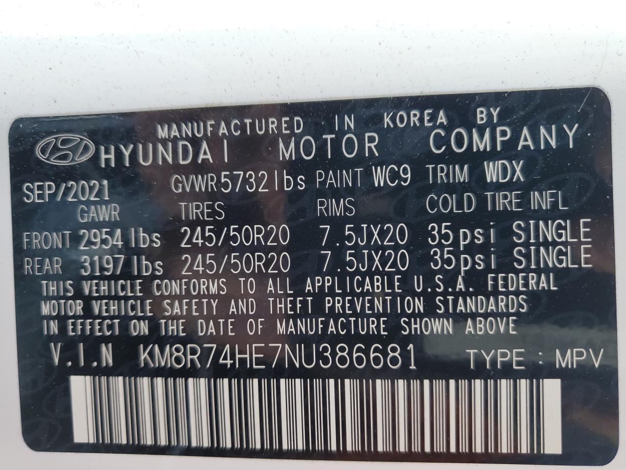 2022 HYUNDAI PALISADE CALLIGRAPHY VIN:KM8R74HE7NU386681