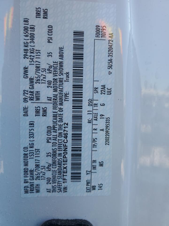 2022 FORD F150 SUPER CAB VIN:5N1AN08W86C544425