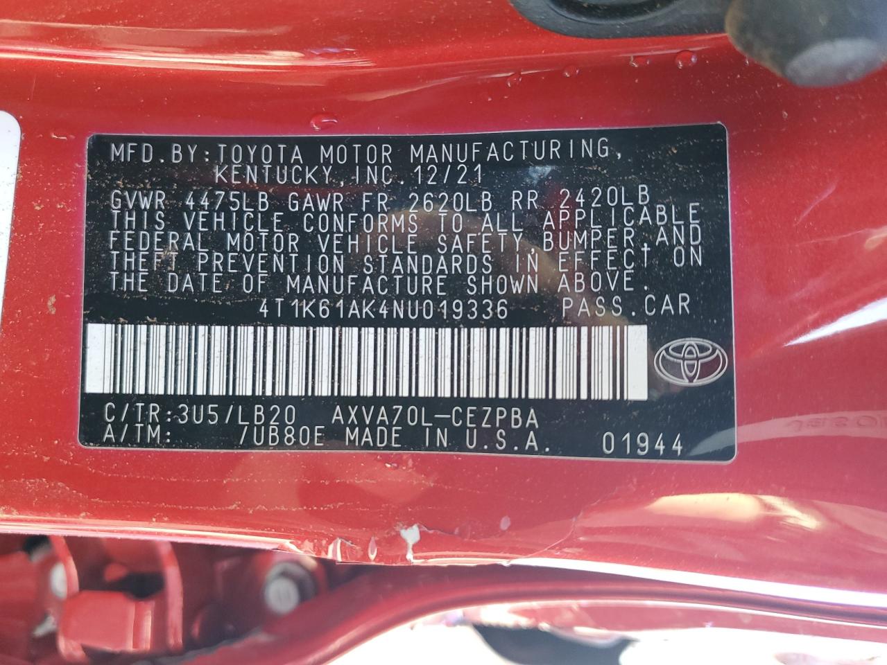 2022 TOYOTA CAMRY XSE VIN:4T1K61AK4NU019336