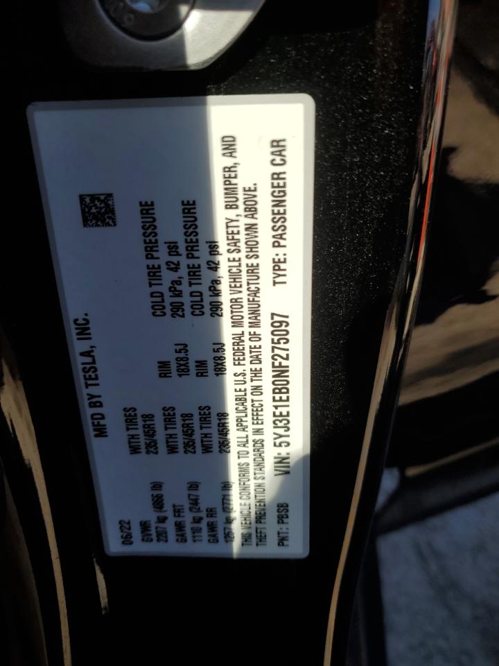 2022 TESLA MODEL 3 VIN:5YJ3E1EB0NF275097