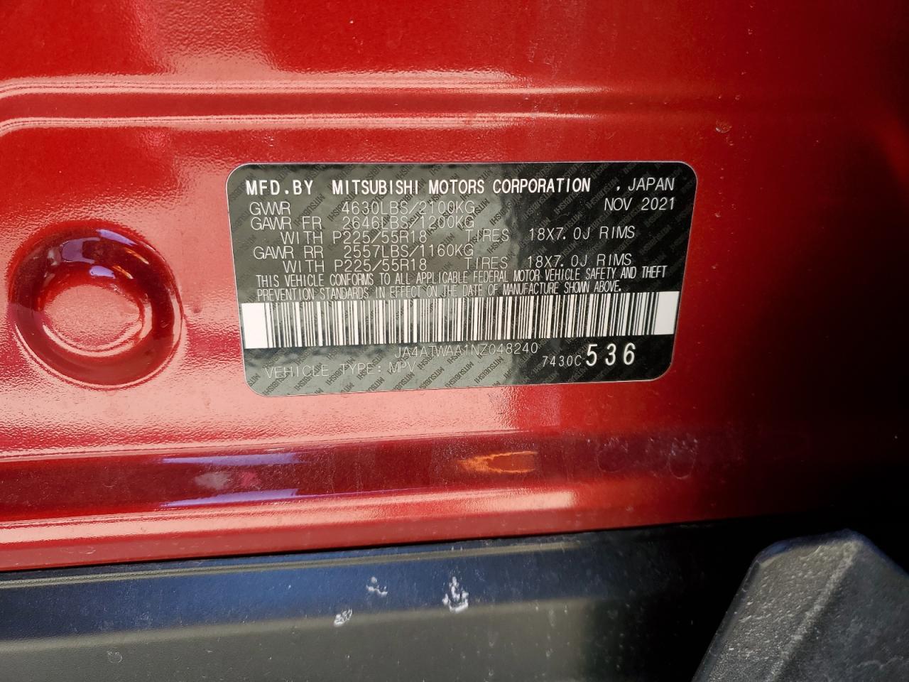 2022 MITSUBISHI ECLIPSE CROSS SE VIN:JA4ATWAA1NZ048240