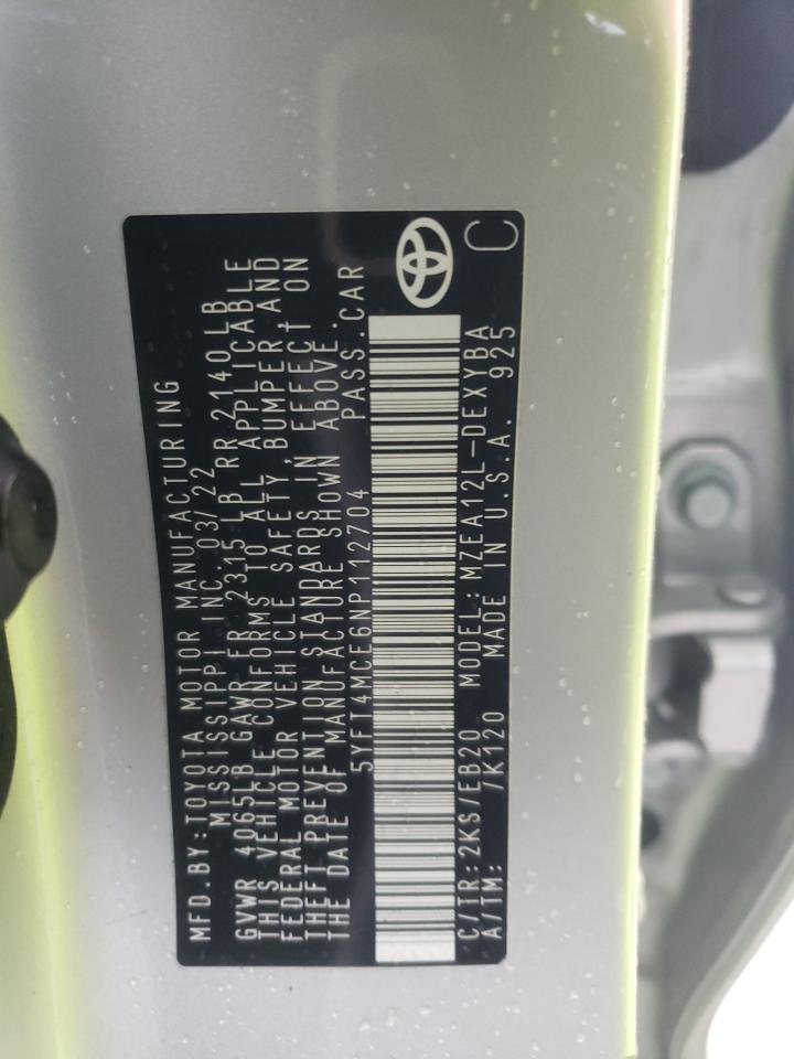 2022 TOYOTA COROLLA XSE VIN:5YFT4MCE6NP112704