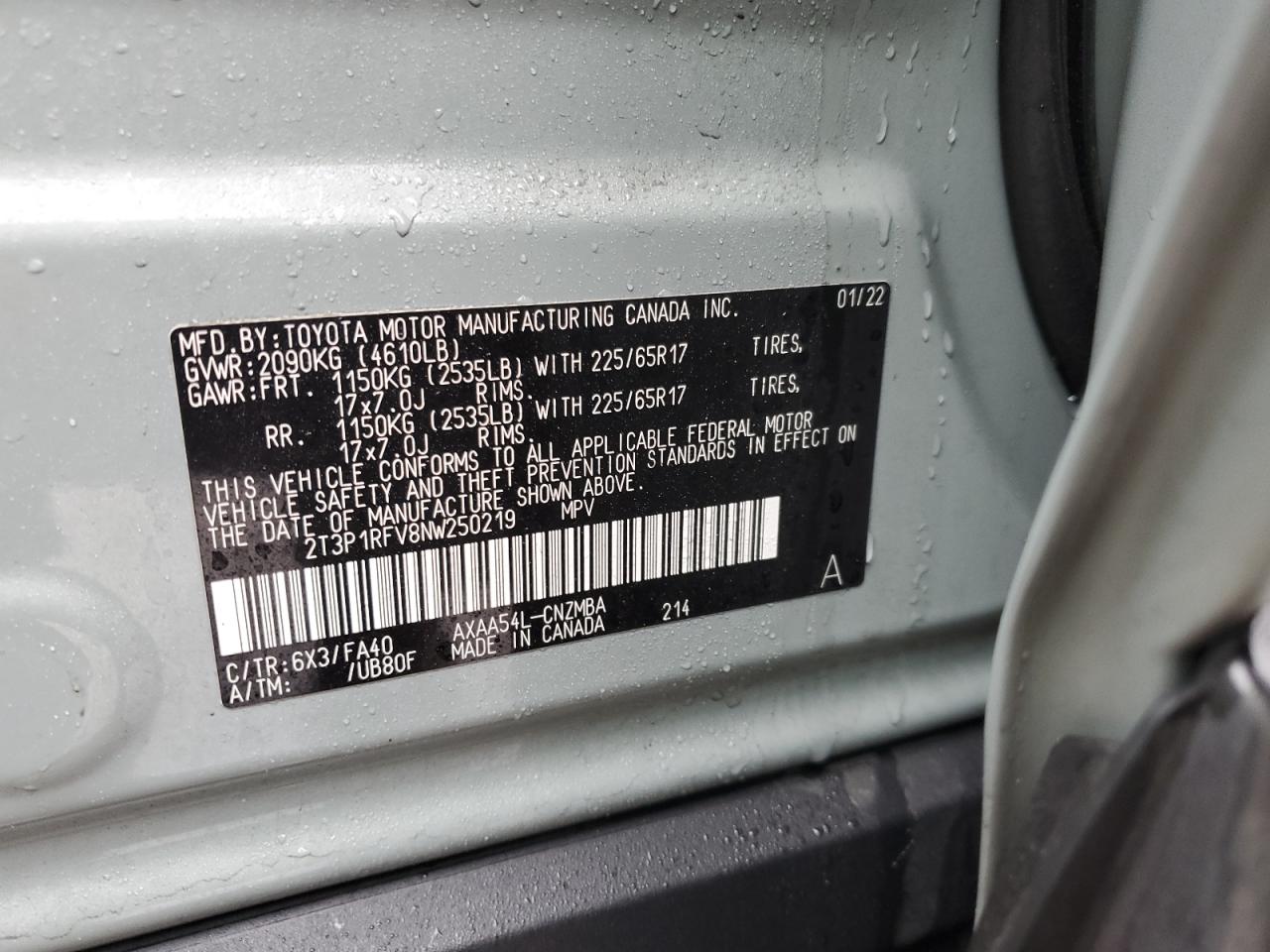2022 TOYOTA RAV4 XLE VIN:2T3P1RFV8NW250219