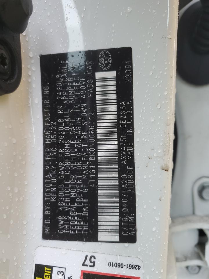 2022 TOYOTA CAMRY SE VIN:4T1G11BK0NU066012