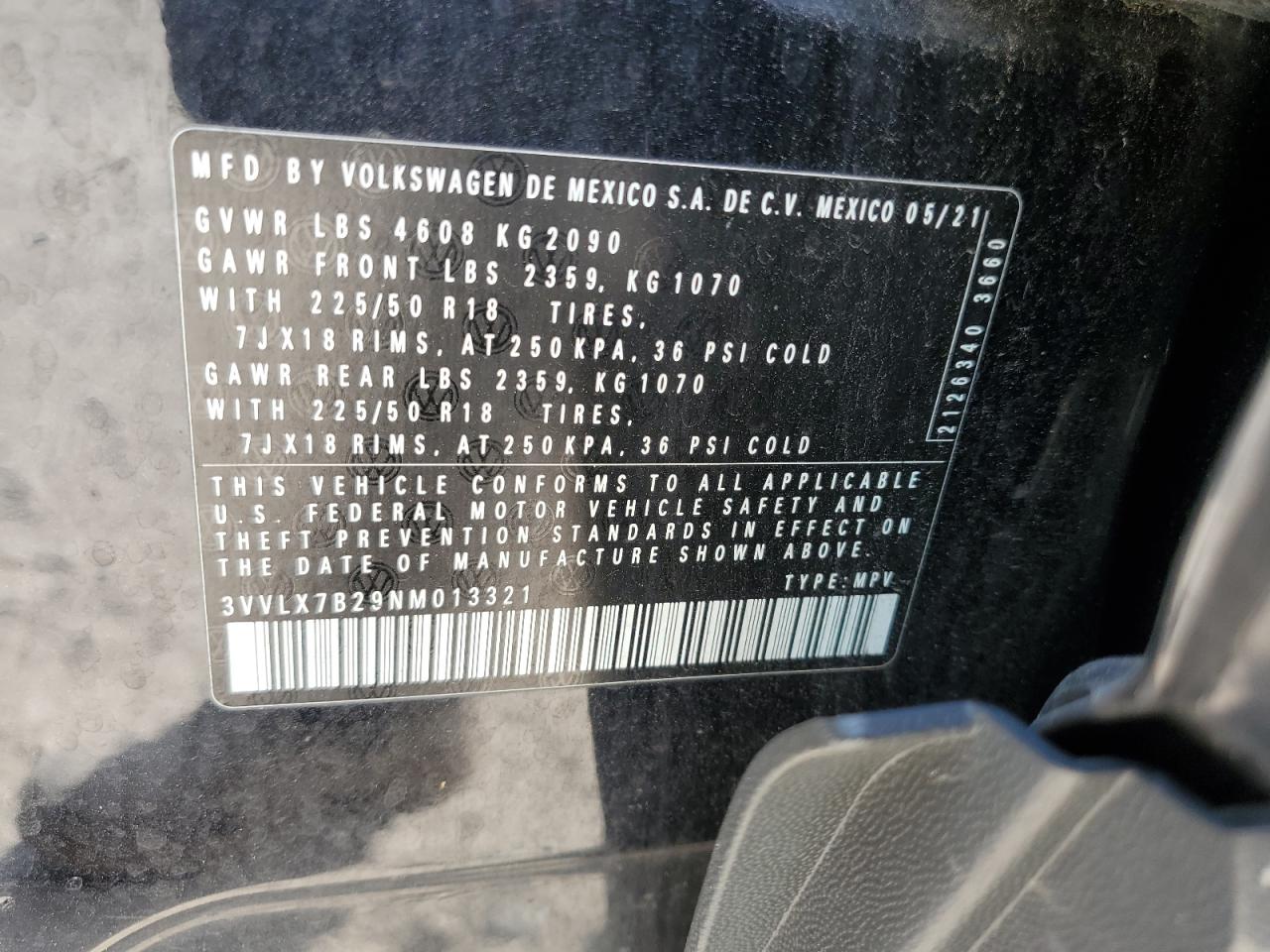2022 VOLKSWAGEN TAOS SE IQ DRIVE VIN:3VVLX7B29NM013321
