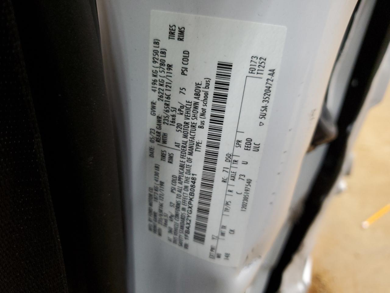 2023 FORD TRANSIT T-350 VIN:1FBAX2YGXPKB08481