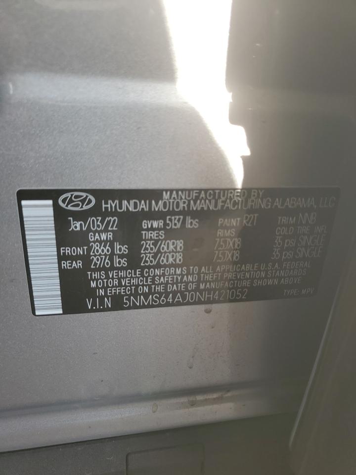 2022 HYUNDAI SANTA FE SEL VIN:5NMS64AJ0NH421052