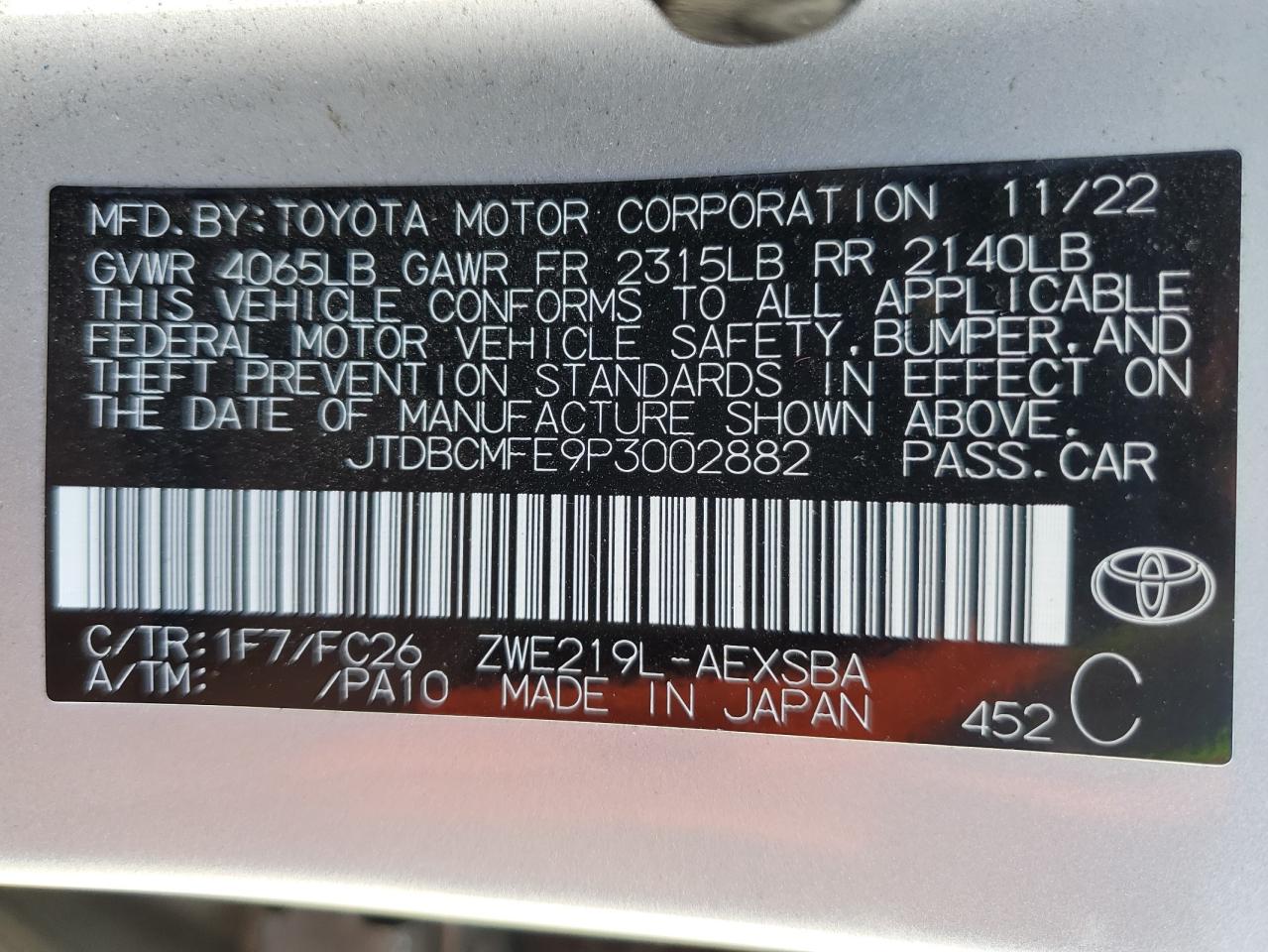 2023 TOYOTA COROLLA LE VIN:JTDBCMFE9P3002882