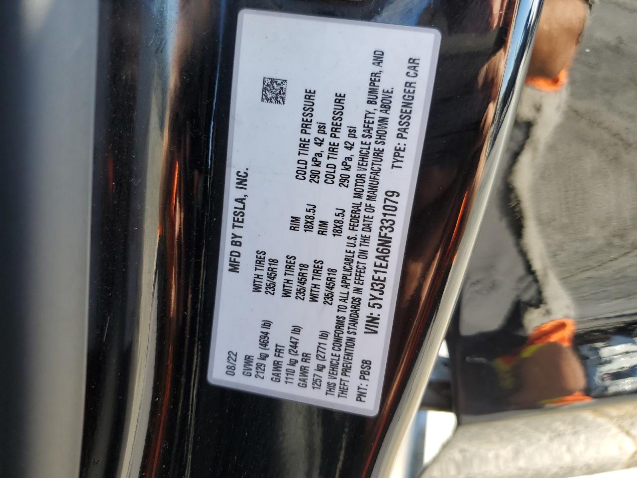 2022 TESLA MODEL 3 VIN:5YJ3E1EA6NF331079