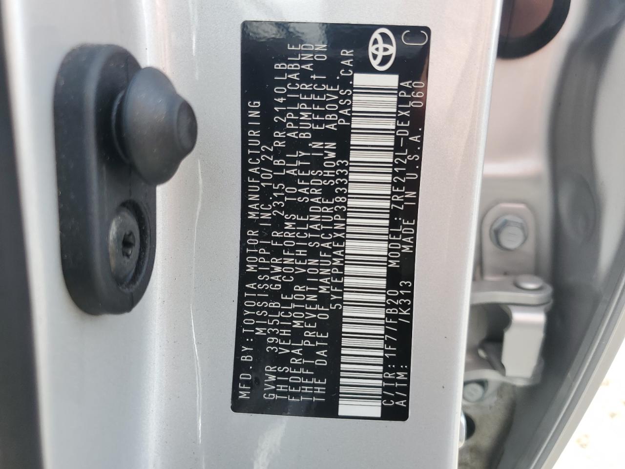 2022 TOYOTA COROLLA LE VIN:5YFEPMAEXNP383333