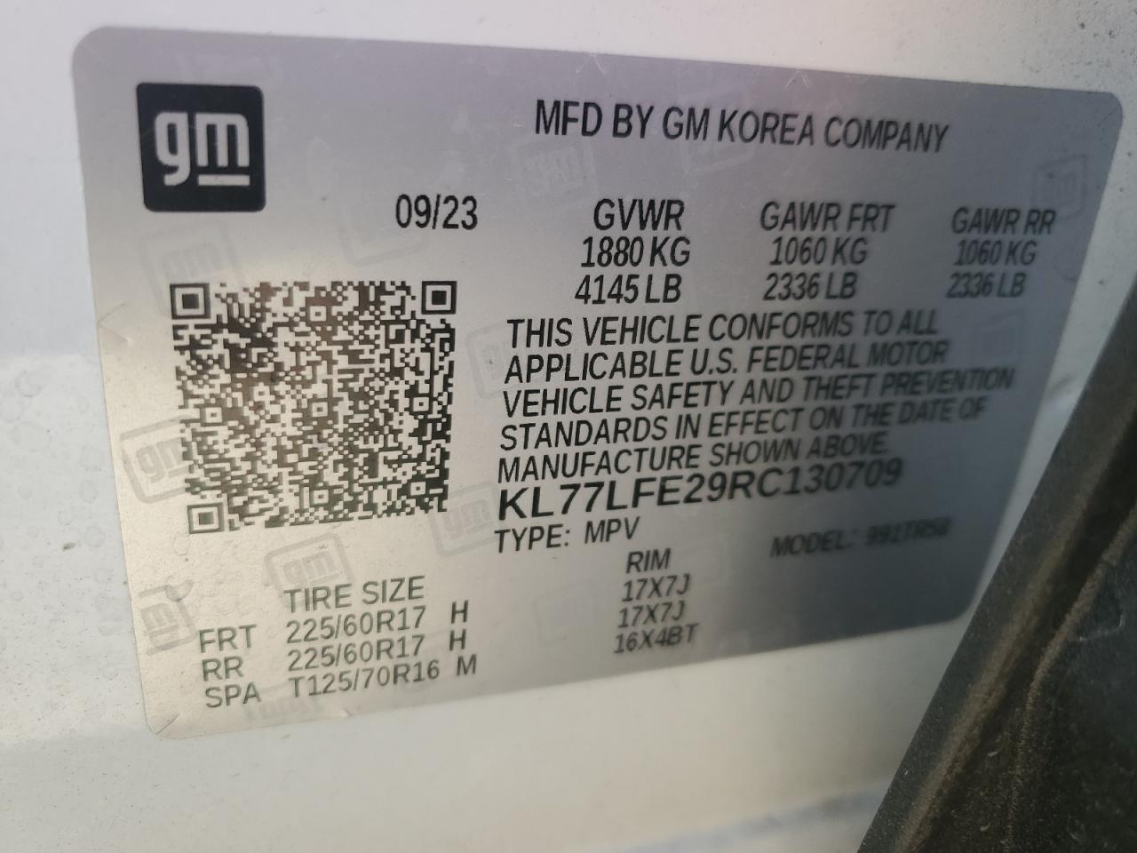 2024 CHEVROLET TRAX LS VIN:KL77LFE29RC130709