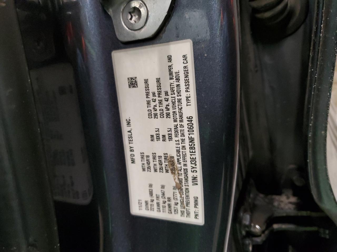2022 TESLA MODEL 3 VIN:5YJ3E1EB5NF106046