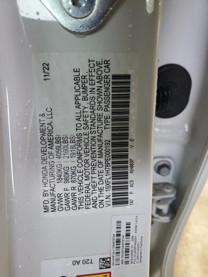 2023 HONDA CIVIC EXL VIN:19XFL1H78PE000192