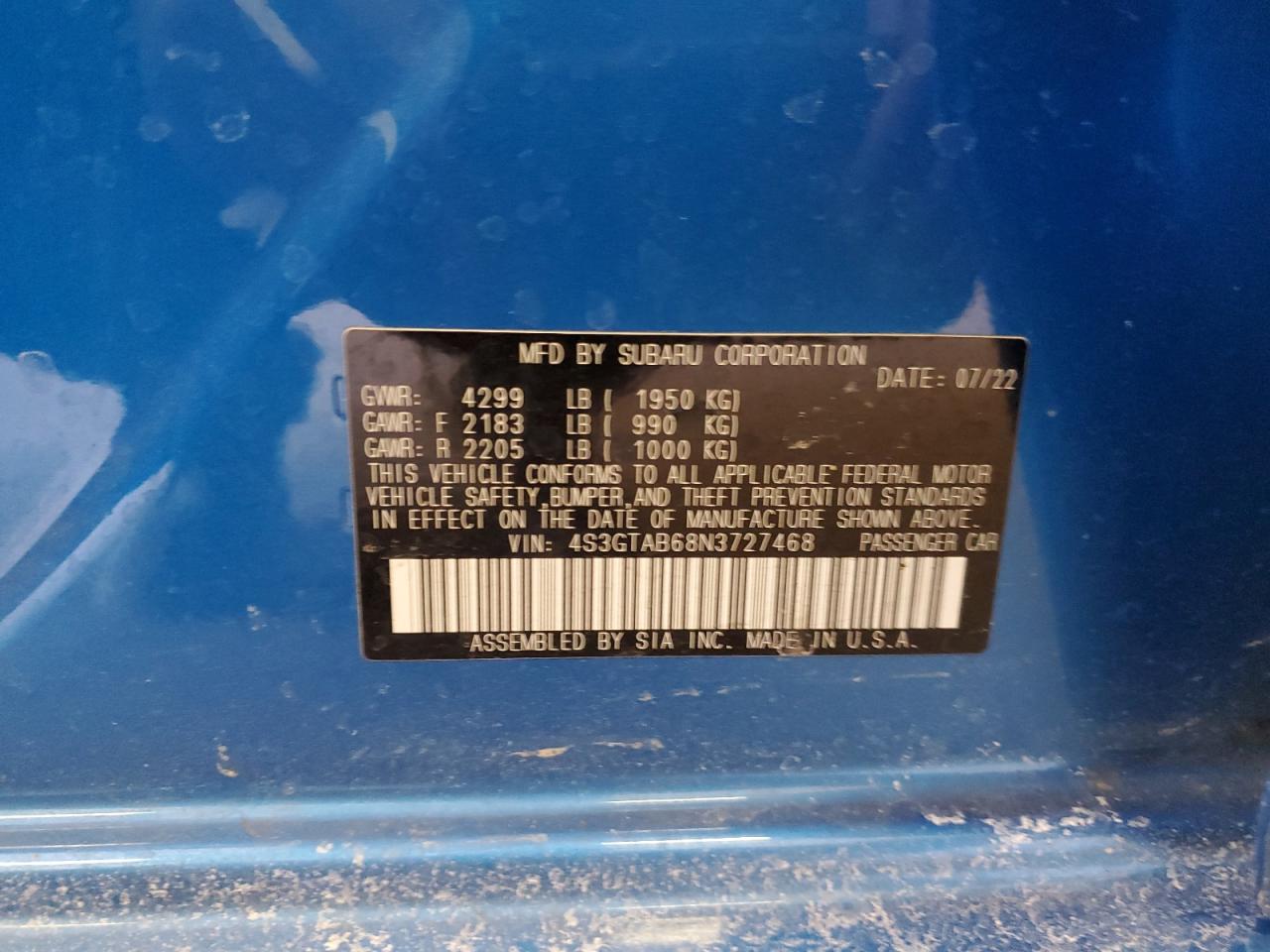 2022 SUBARU IMPREZA VIN:4S3GTAB68N3727468