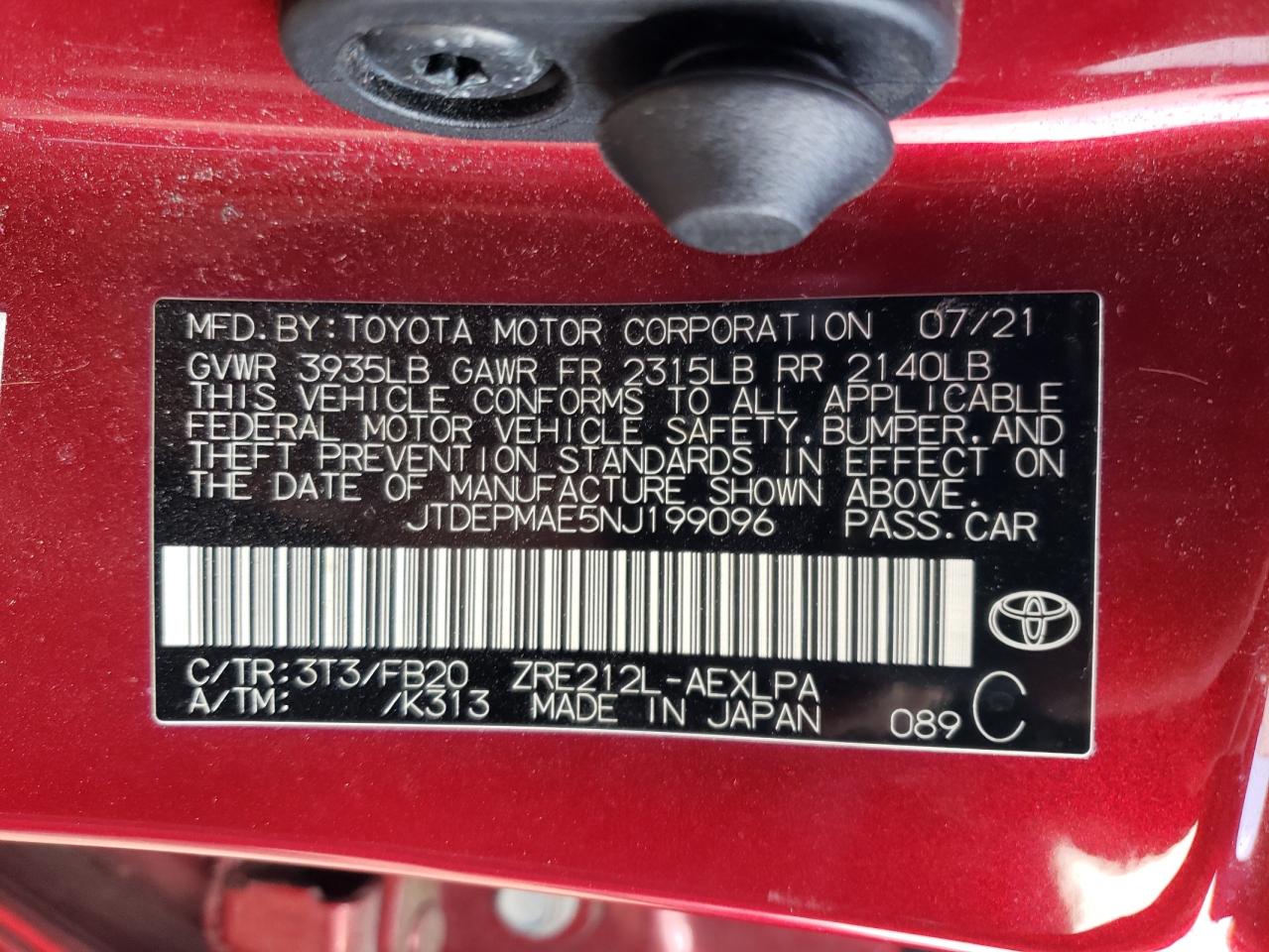 2022 TOYOTA COROLLA LE VIN:JTDEPMAE5NJ199096