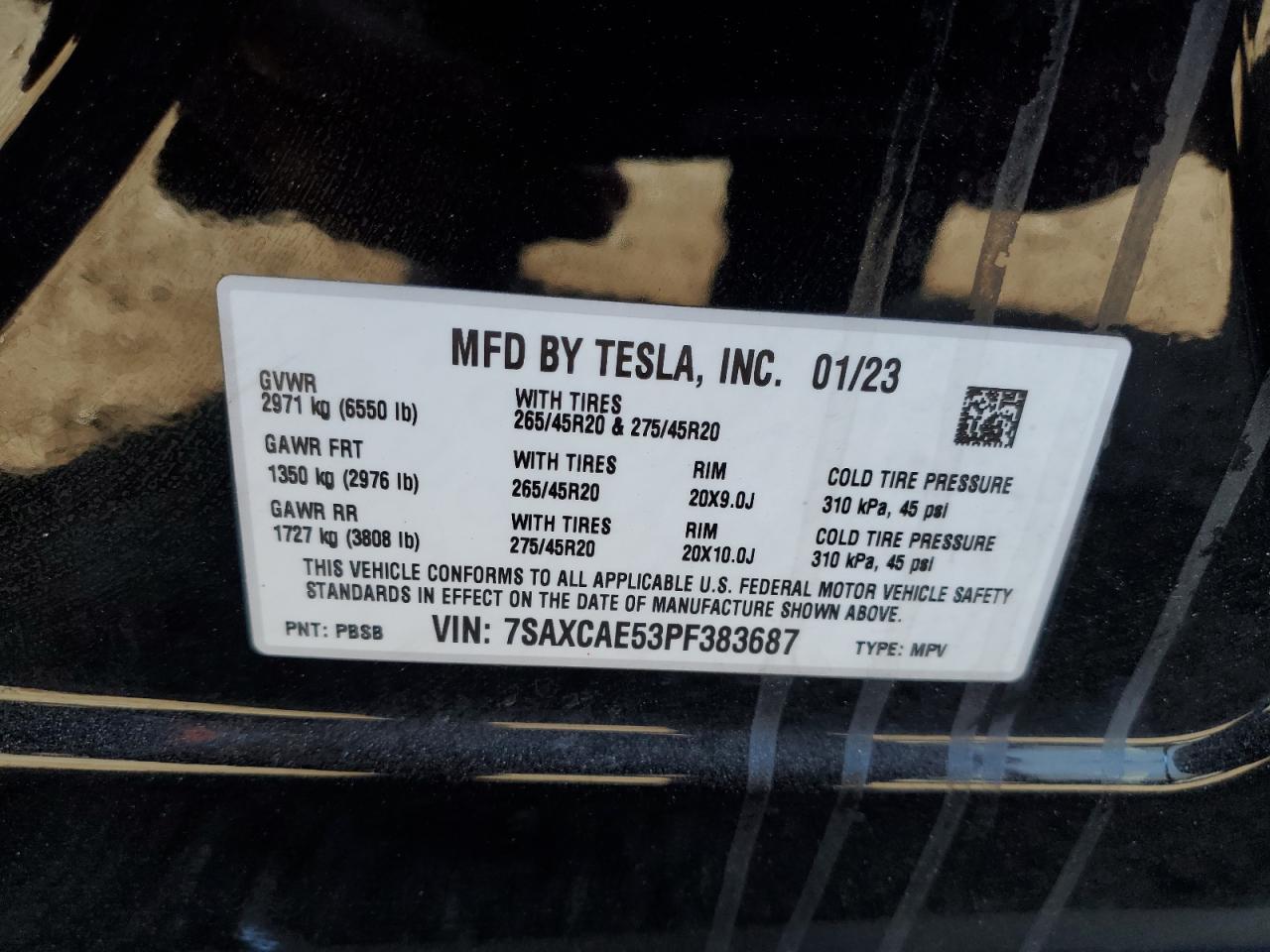 2023 TESLA MODEL X VIN:7SAXCAE53PF383687