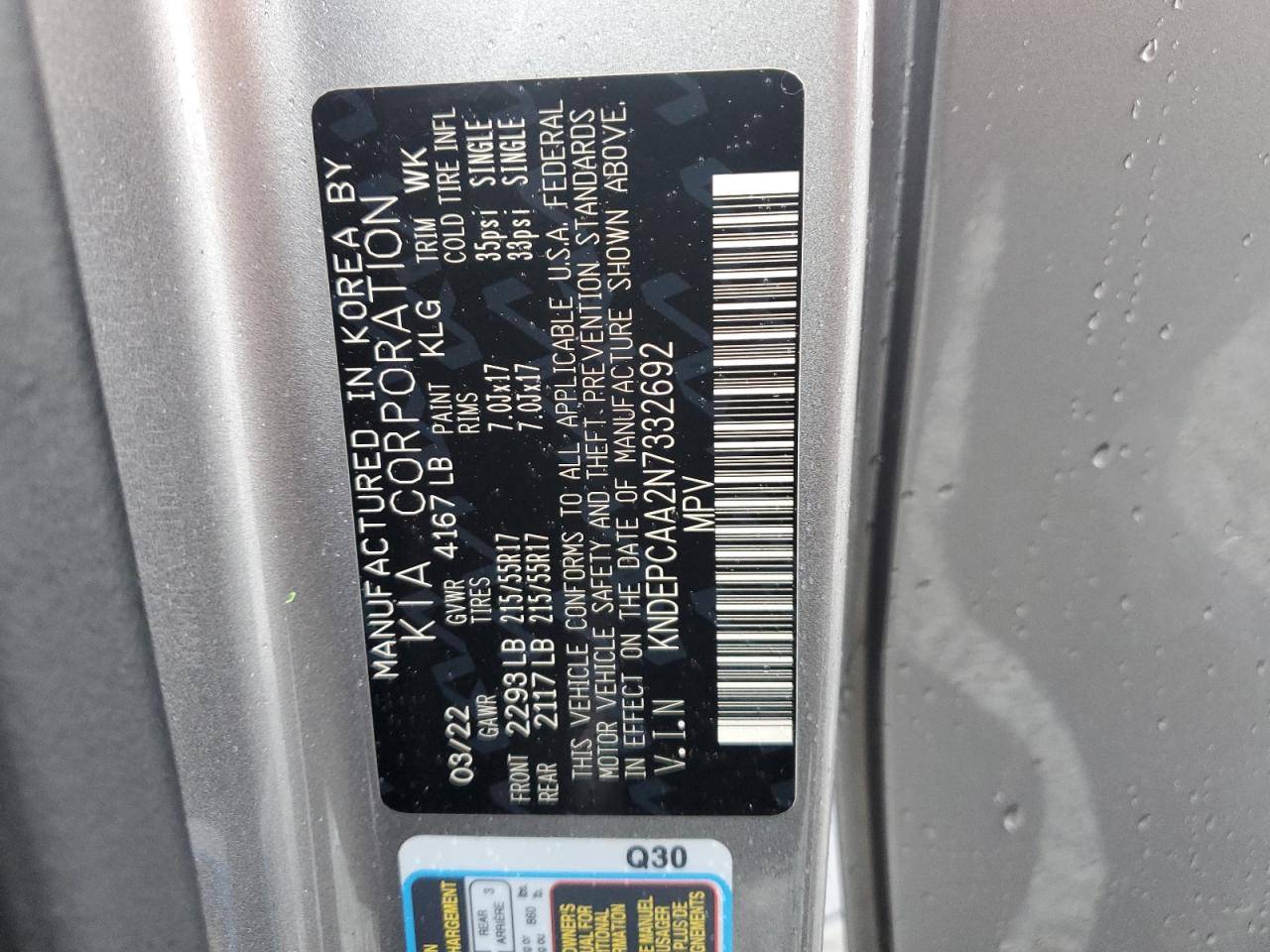 2022 KIA SELTOS LX VIN:KNDEPCAA2N7332692