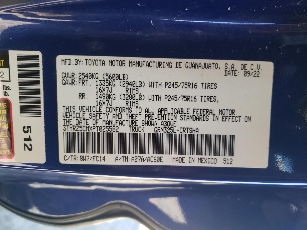 2023 TOYOTA TACOMA ACCESS CAB VIN:3TYRZ5CNXPT025582