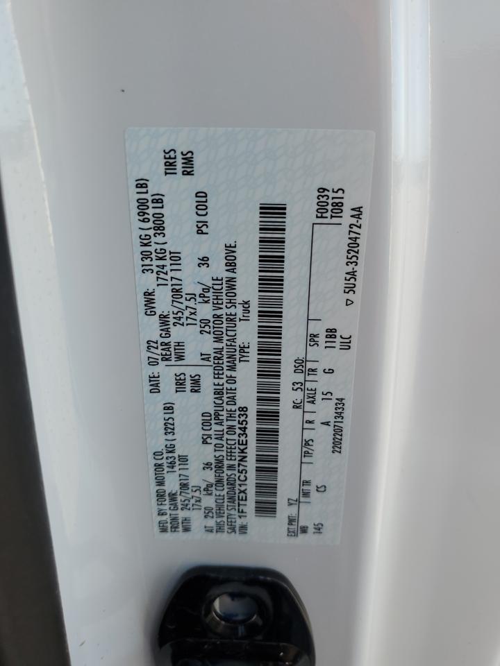 2022 FORD F150 SUPER CAB VIN:1FTEX1C57NKE34538