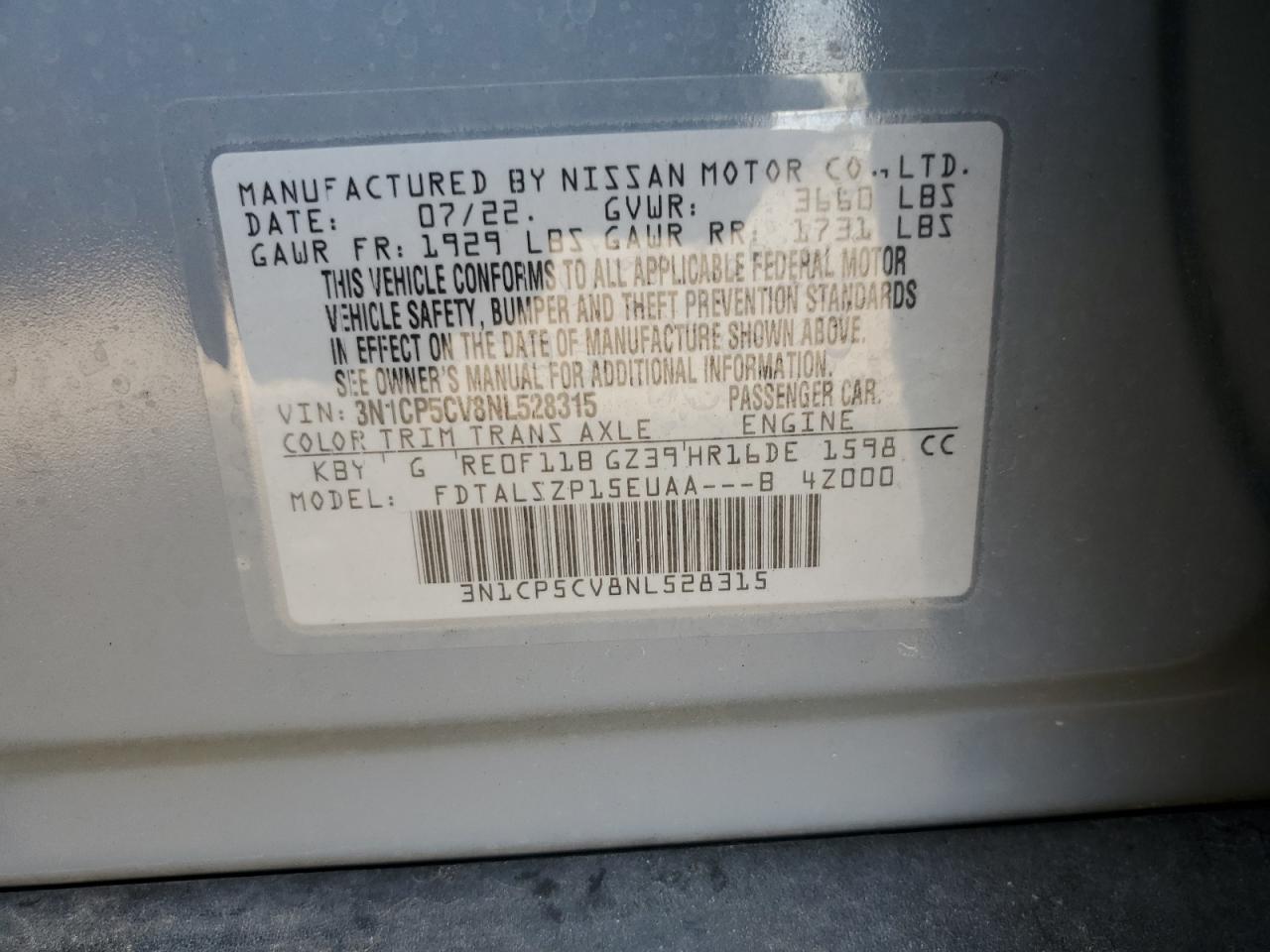 2022 NISSAN KICKS SV VIN:3N1CP5CV8NL528315