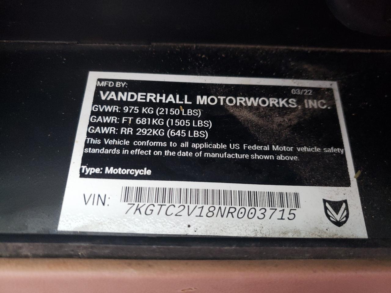 2022 VAND AUTOCYCLE VIN:7KGTC2V18NR003715