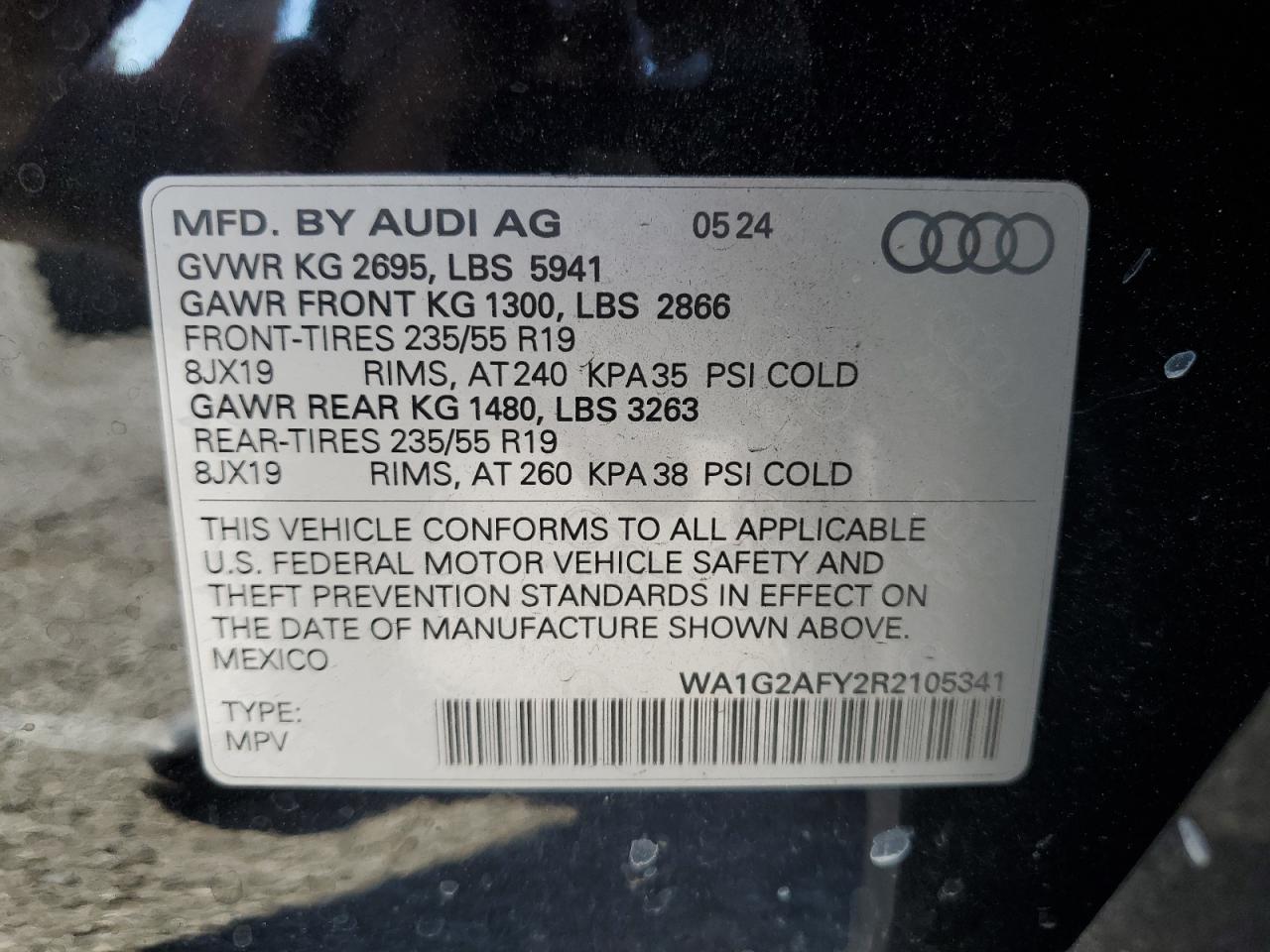 2024 AUDI Q5 E PREMIUM 55 VIN:WA1G2AFY2R2105341