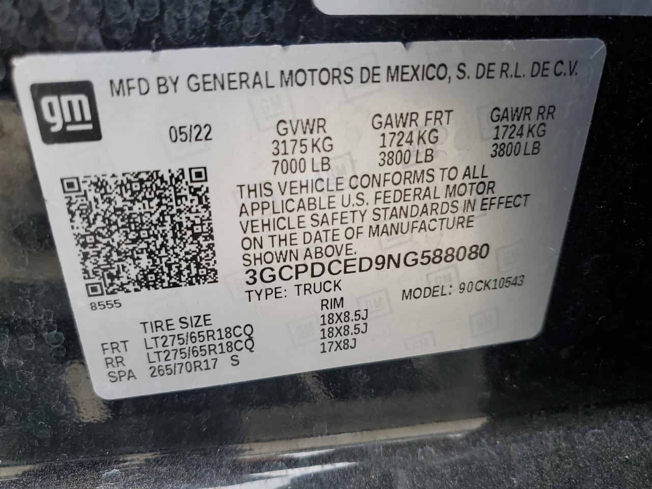 2022 CHEVROLET SILVERADO K1500 TRAIL BOSS CUSTOM VIN:3GCPDCED9NG588080