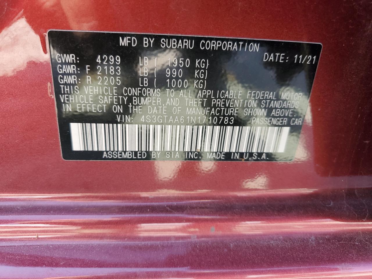 2022 SUBARU IMPREZA VIN:4S3GTAA61N1710783