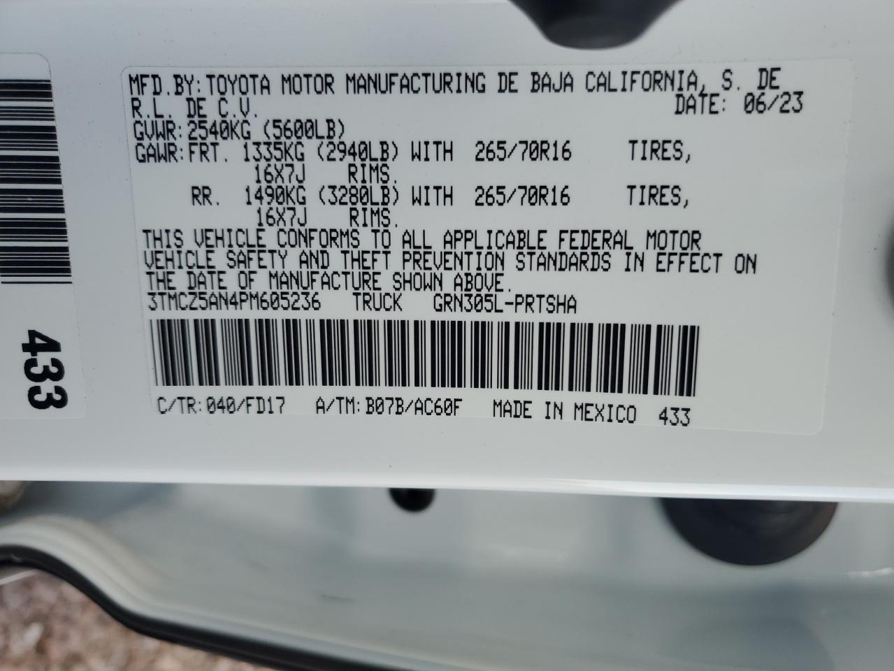 2023 TOYOTA TACOMA DOUBLE CAB VIN:3TMCZ5AN4PM605236