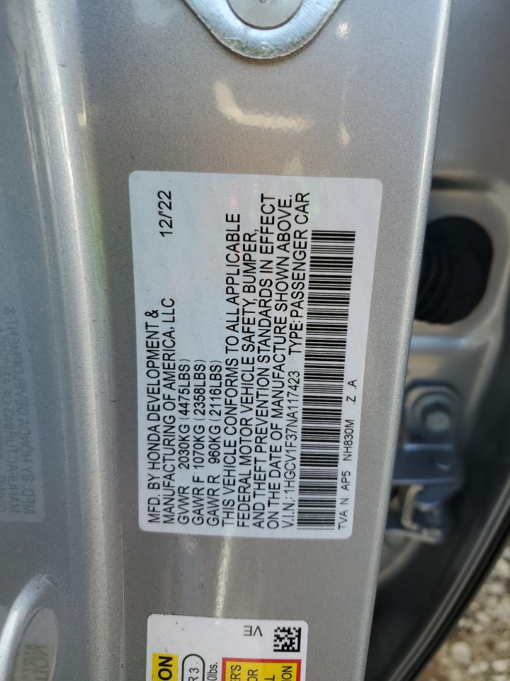 2022 HONDA ACCORD SPORT VIN:1HGCV1F37NA117423