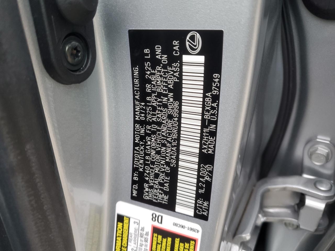 2024 LEXUS ES 300H BASE VIN:58ADA1C16RU049996