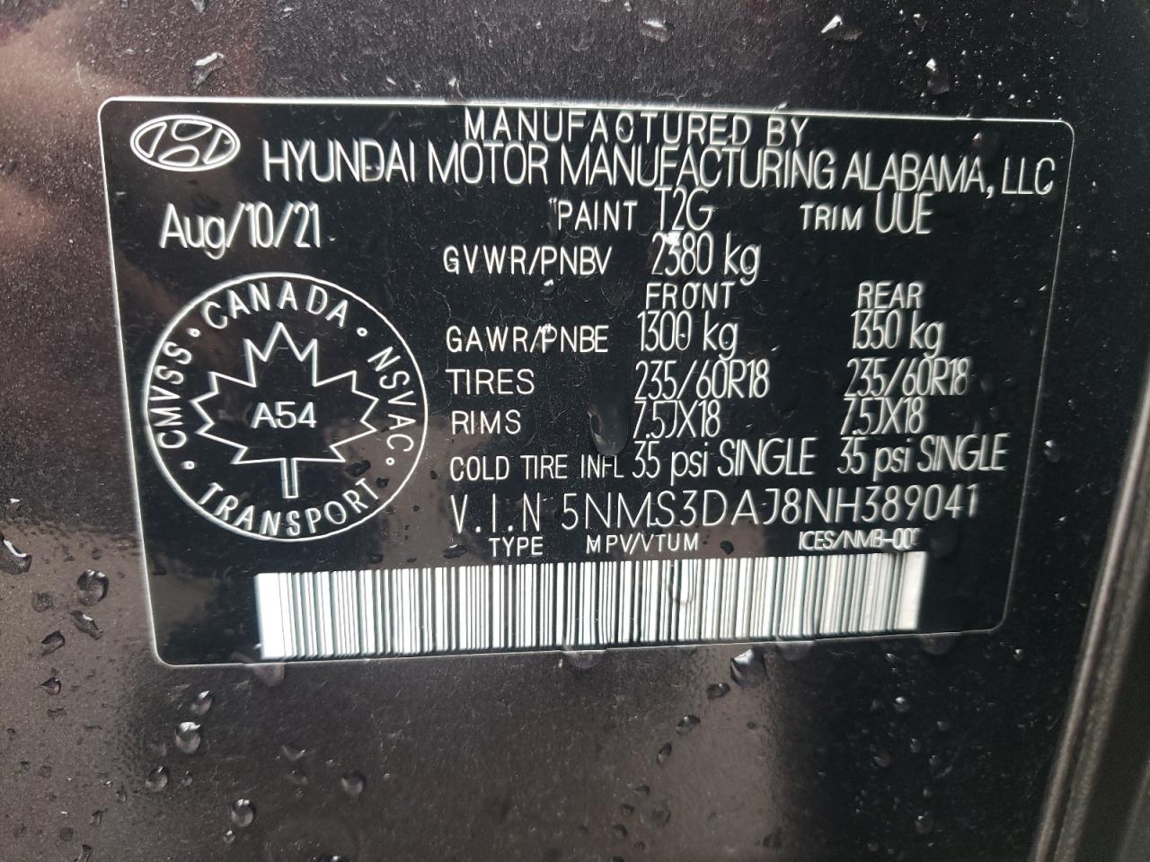 2022 HYUNDAI SANTA FE SEL VIN:5NMS3DAJ8NH389041