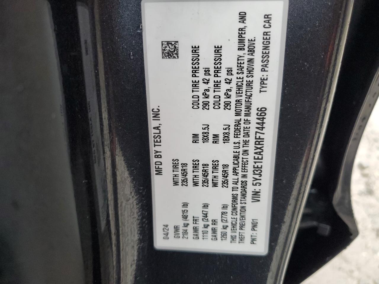 2024 TESLA MODEL 3 VIN:5YJ3E1EAXRF744466