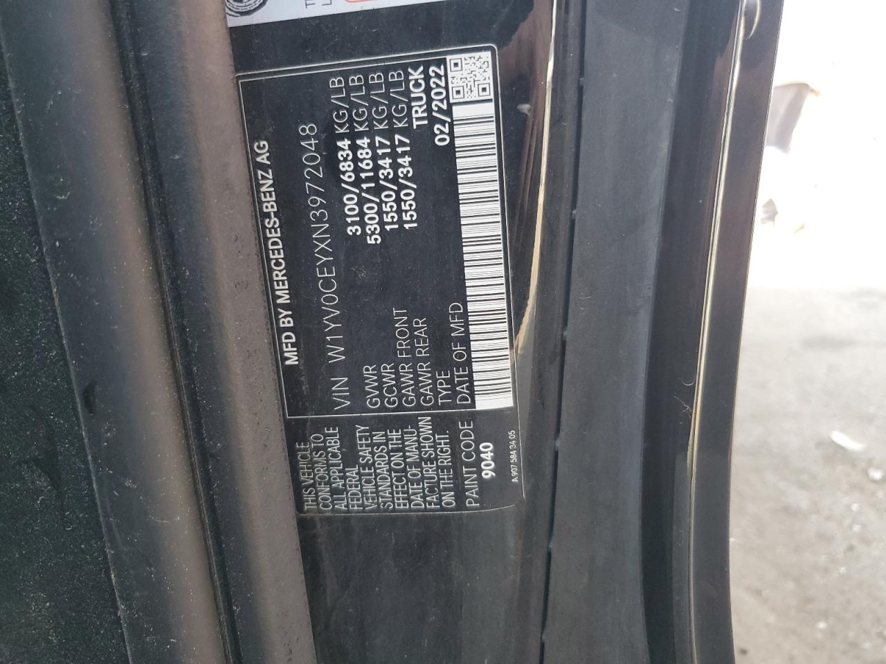 2022 MERCEDES-BENZ METRIS VIN:W1YV0CEYXN3972048