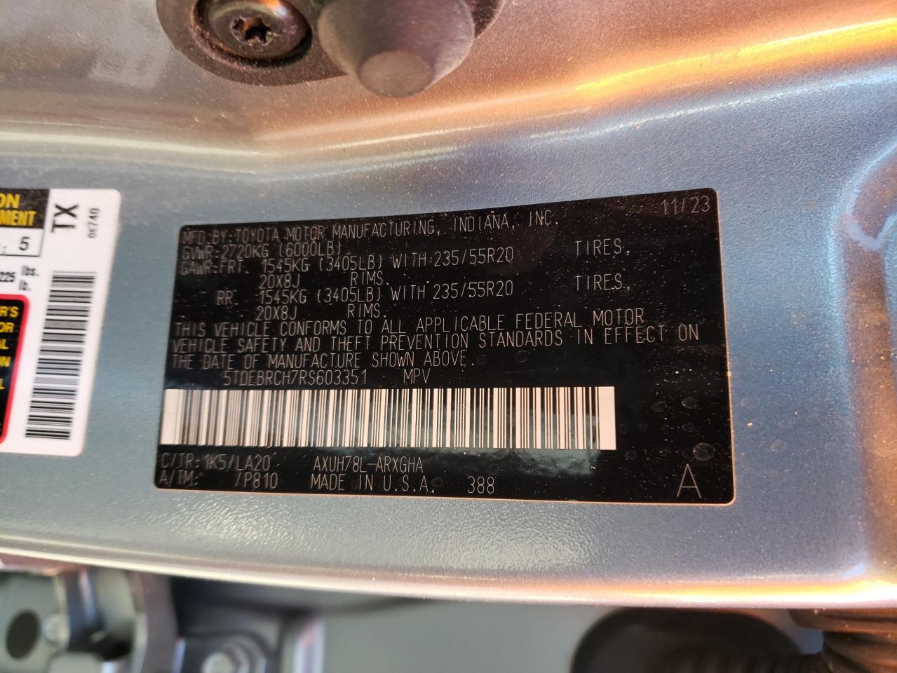 2024 TOYOTA HIGHLANDER HYBRID LIMITED VIN:5TDEBRCH7RS603351