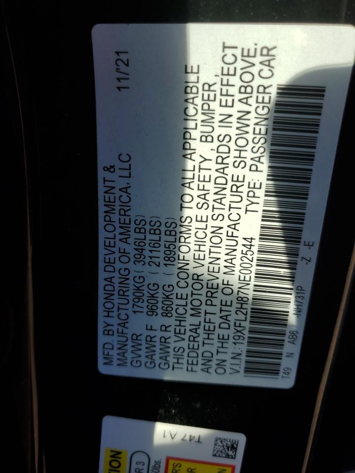 2022 HONDA CIVIC SPORT VIN:19XFL2H87NE002544
