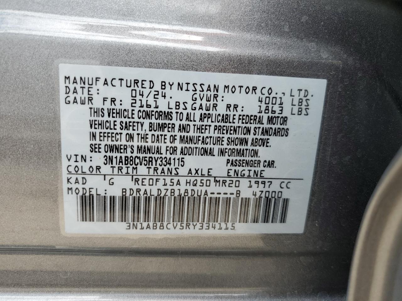 2024 NISSAN SENTRA SV VIN:3N1AB8CV5RY334115