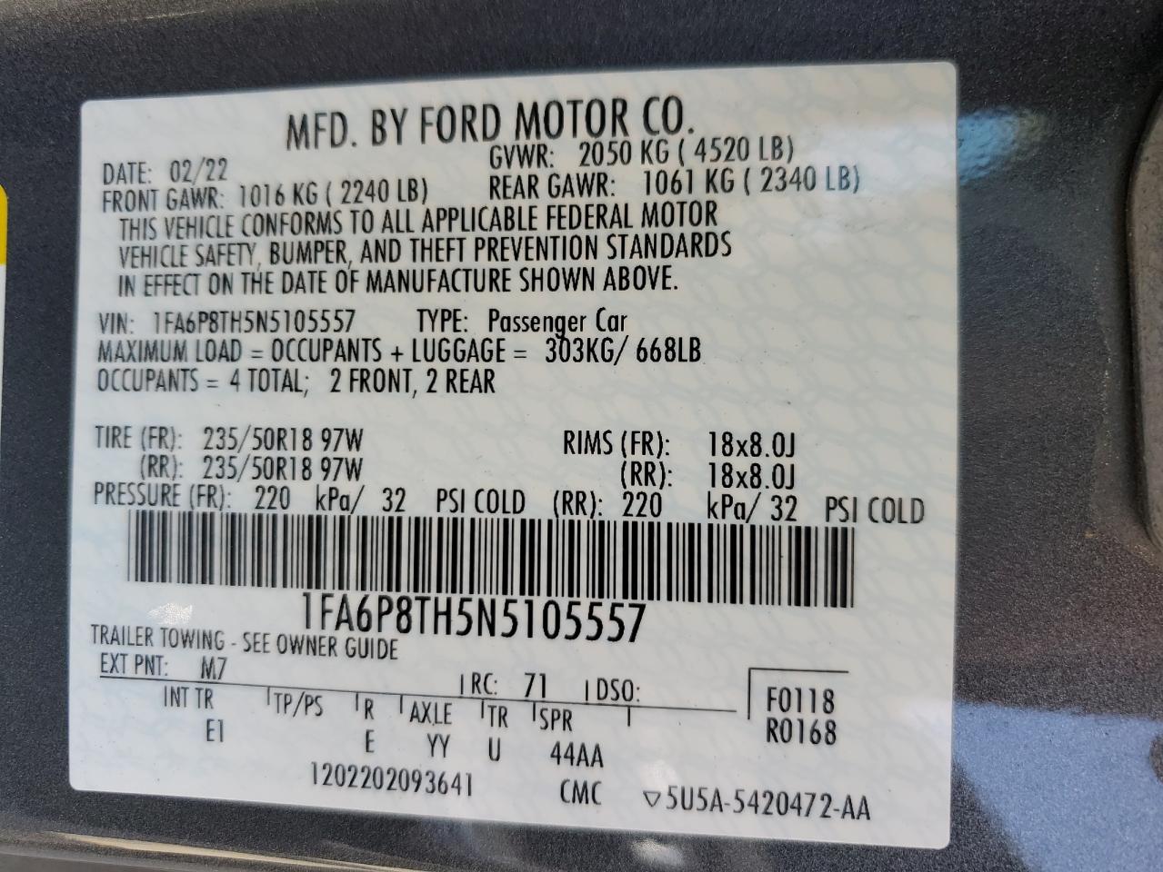 2022 FORD MUSTANG VIN:1FA6P8TH5N5105557