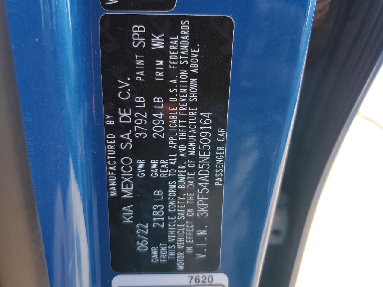 2022 KIA FORTE GT LINE VIN:3KPF54AD5NE509164