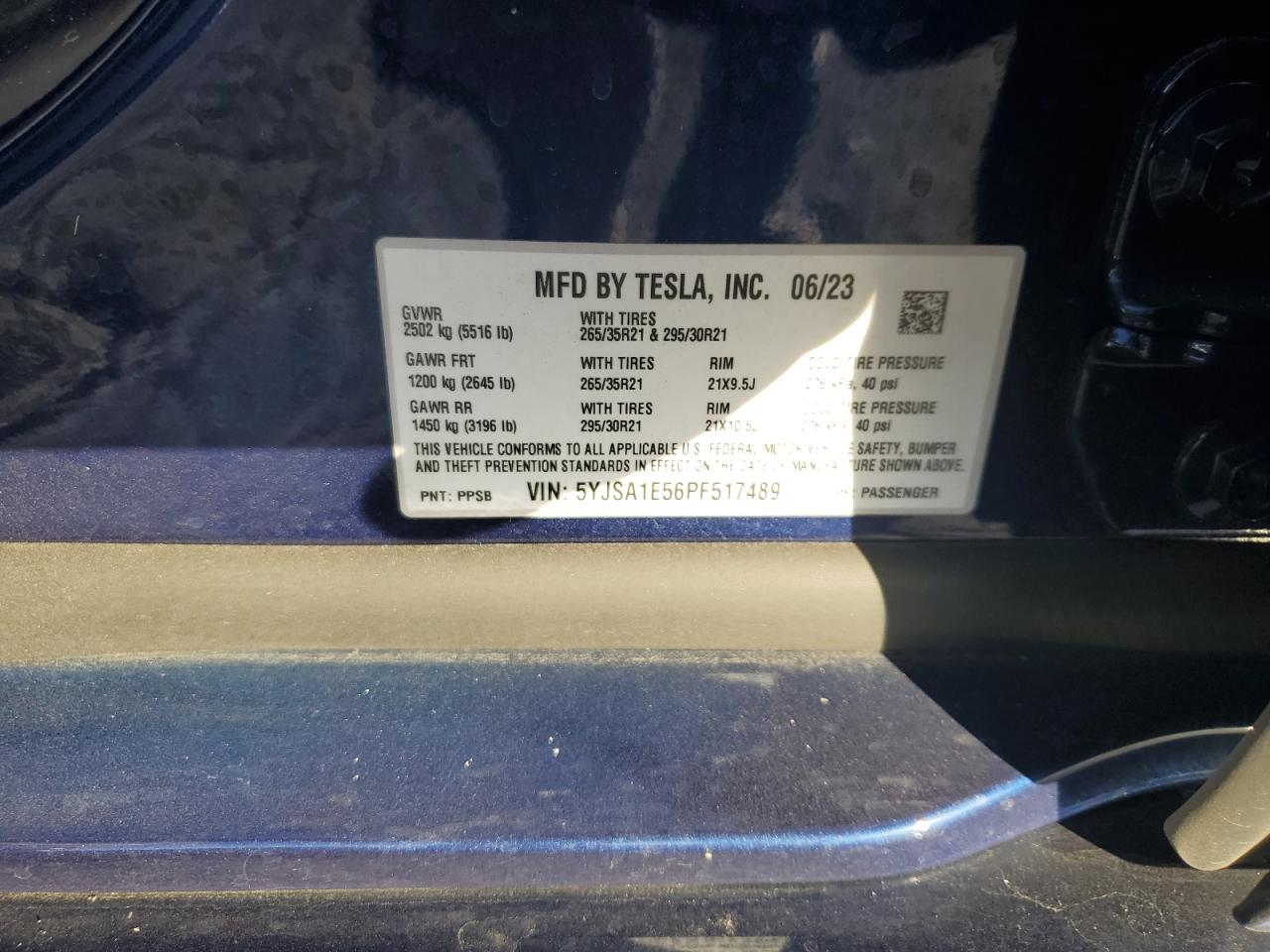 2023 TESLA MODEL S VIN:5YJSA1E56PF517489