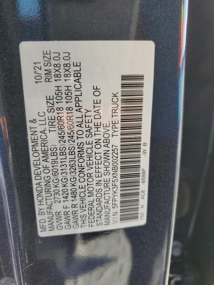 2022 HONDA RIDGELINE RTL VIN:5FPYK3F5XNB002257